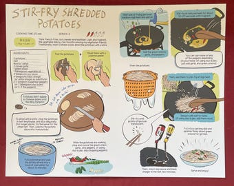 Plakat z przepisem na smażone ziemniaki – Kolorowy plakat ilustracyjny 11"x14" | Dla smakoszy, miłośników pikantnego jedzenia, książka kucharska, rysunek, prezent na ścianę