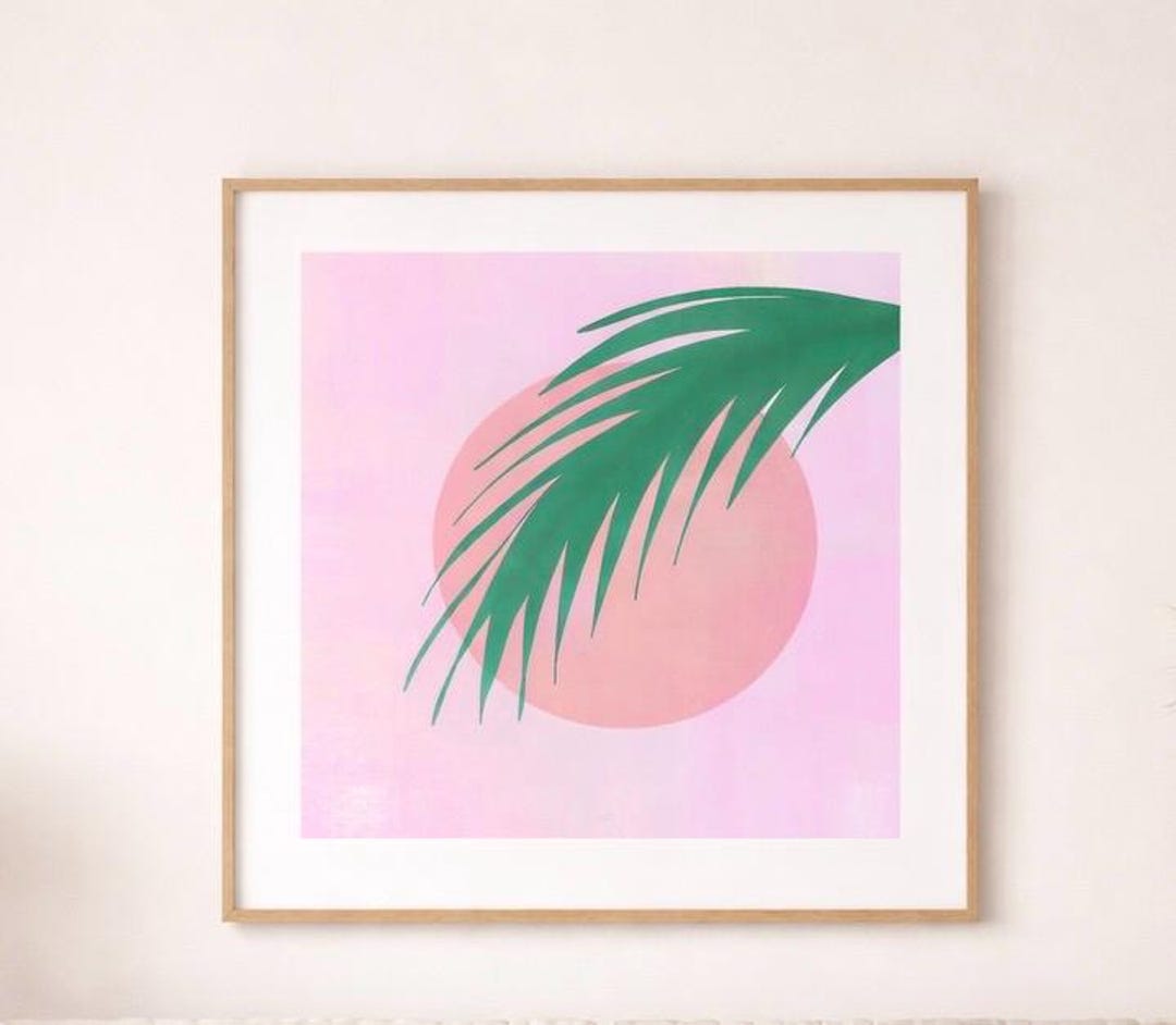 Palm Leaf Print, Pink Sun Minimalist Art, Tropical Boho Wall Decor ...