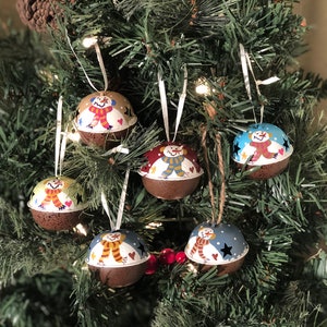 Hand Painted Snowman Round Bell Christmas Ornament. Primitive Rustic Decor