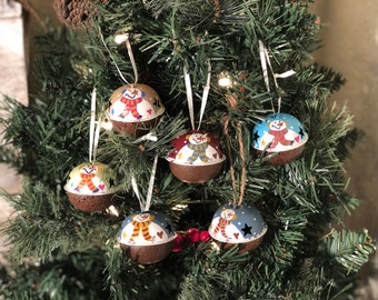 Hand Painted Snowman Round Bell Christmas Ornament. Primitive Rustic Decor