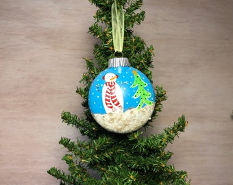 Bright Blue Snowman with Tree Hand Painted Ornament