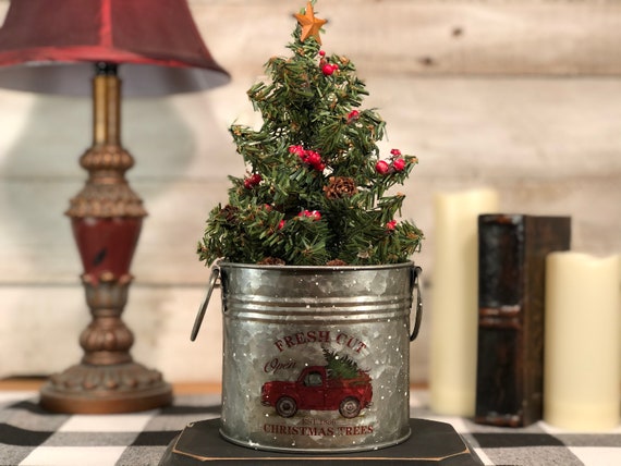 Small Galvanized Bucket With A Red Truck Featuring A Christmas Etsy