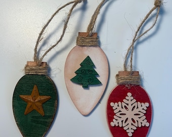Set of 3 Wooden light bulb ornaments