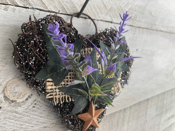 Glittered Grapevine Heart Accent with Lavender and Ivy Leaves.Ornament Wall Decor.Rustic Gifts.Primitive Decor