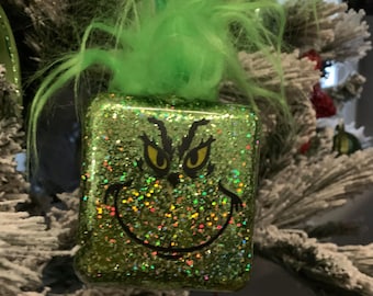 Square Grinch Glitter Ornament