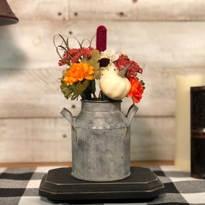 Galvanized Milk Can with Fall Floral and Mini Pumpkin.Primitive Decor.French Country.Farmhouse Decor.Table Centerpiece.