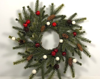Small Short Needle Fir Evergreen Christmas Wreath with Red and White Berries and Pine Cones.Farmhouse Christmas Decor