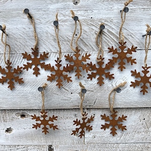 Rusty Metal Snowflake Ornament with Jute Hanger - Set of Ten (10)