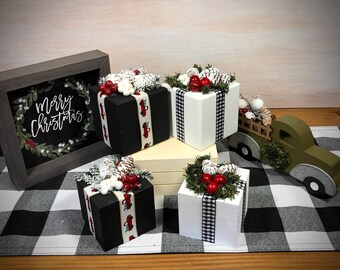Set of Two Sizes Wood Cube Decorative Christmas Presents with Evergreen, Pinecones, Berries and wrapped with Ribbon.Farmhouse Rustic