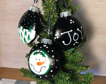 Set of 3 - Hand Painted Snowman, Tree, Joy Ornaments