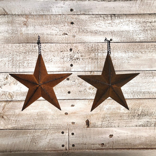 Set of 2 Rustic Metal Barn Stars with Jute or Buffalo Check Hanger. Barn Stars