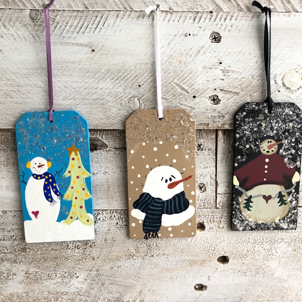 Hand Painted Wooden Christmas Tag Ornament.Rustic Christmas Tree Ornament.Primitive Gift Accent