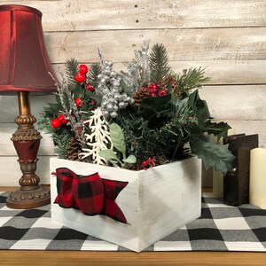 Wooden Display with Evergreen, Reg Berries, Glittered Floral & Buffalo Check Ribbon.Rustic Farmhouse Christmas.Holiday Floral Decor