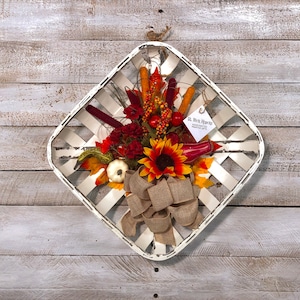 Whitewashed Tobacco Basket with Fall Floral, Small Pumpkins and Burlap Ribbon.Farmhouse Wall Decor.Primitive Rustic Decor