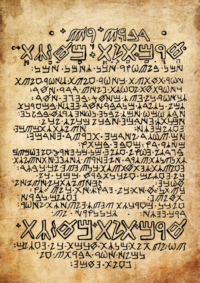 May include: A close-up of a page of text written in an unknown language. The text is written in a black ink on a parchment-like background. The text is in a cursive style and appears to be a code or cipher.