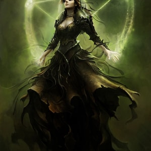 May include: Digital artwork depicting a woman in a dark gown with outstretched arms, set against a glowing green pentagram and zodiac symbols. The image evokes a fantasy theme with a mystical atmosphere.