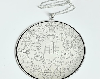 May include: A silver-colored pendant necklace featuring a large, circular pendant with intricate black line drawings of symbols and text. The pendant is suspended from a delicate silver chain.