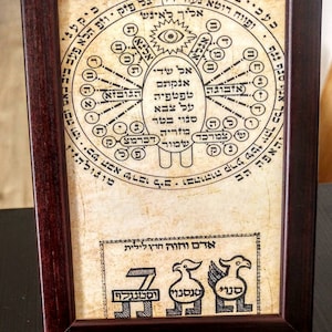 May include: A framed print with a circular design featuring Hebrew text and symbols. The design includes a central eye with rays emanating outwards. The text includes the words "Al Shaddai" and "Elohim". The print is framed in a dark brown wood frame.
