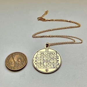 Puede incluir: Un collar con colgante dorado con un dije circular con texto y símbolos hebreos. El collar se muestra junto a una moneda de un dólar estadounidense. El colgante tiene un diseño detallado con una cadena.