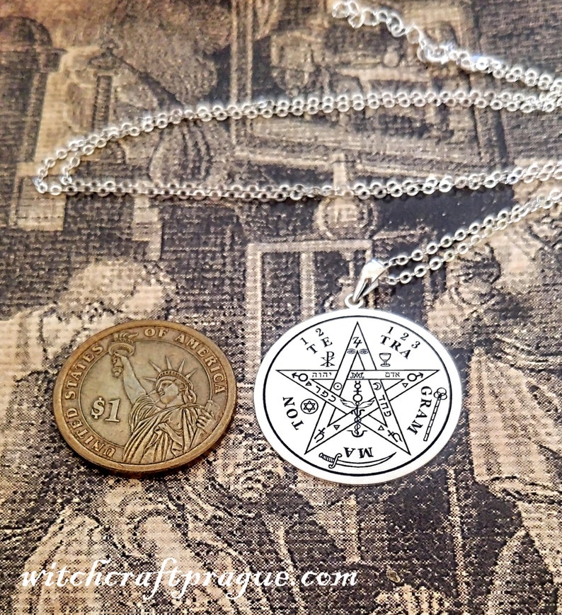 Alchemy Protection Tetragrammaton witchcraft amulet Goetia talisman lesser key Rhodium plated