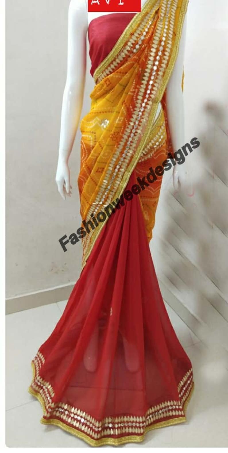 Party wear georgette Gotta patti work fancy border with blouse Jaipur,Wedding yellow /& red color rajasthani saree