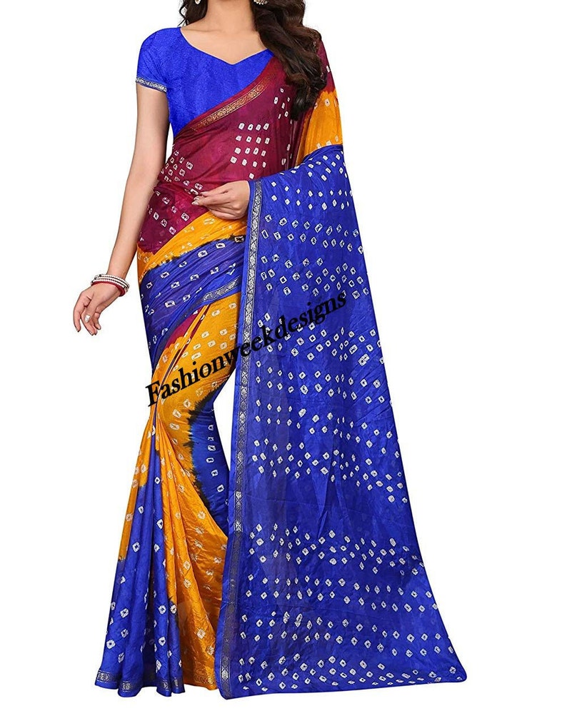 Traditional indian bandhaj Rajasthani Multicolor Bandhani Saree with Blouse Piece silk saree Regular Unstitched Blouse