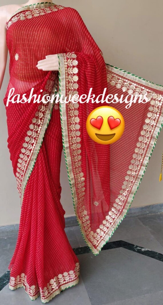 Indian Lahriya Moti border Aari gota work with blouse party wear women designer saree bandhej Georgette mothda saree yellow color saree