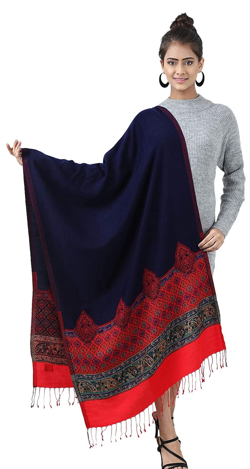Women/'s Jamawar StoleShawl With Contrast Border Color for Winter