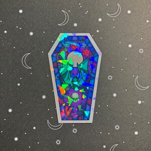 Stained Glass Coffin Sticker (Holographic, Home Decor, Moody Decor, Fridge, Creepy Cute, Spooky, Waterproof Sticker, Water Bottle Decal)