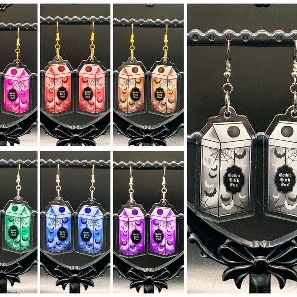 Gothic Bish Fuel - Earrings (Jewelry, Milk Bottle, Milk Carton, Goth, Goth Vibes, Goth Aesthetic, Accessories, Dangle, Colorful)