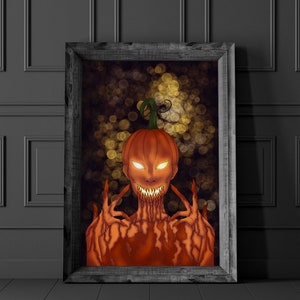 May include: A framed illustration of a pumpkin with a menacing grin and glowing eyes. The pumpkin is depicted as a humanoid figure with long, sharp fingers. The background is a dark brown with a blurry pattern of golden circles.