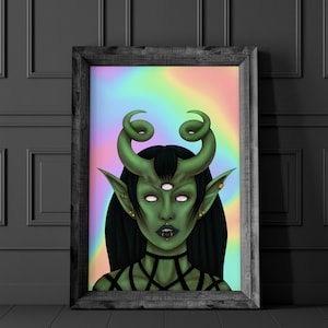 Hellion - Impresión en cartulina (Demonio, Cuernos, Correas, Tercer Ojo, Opalescente, Arcoíris, Estética Oscura, Vibras Escalofriantes, Arte Mural)