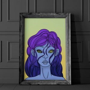 May include: A digital illustration of a woman with purple and blue hair, green eyes, and a blue skin tone. The woman is looking directly at the viewer.