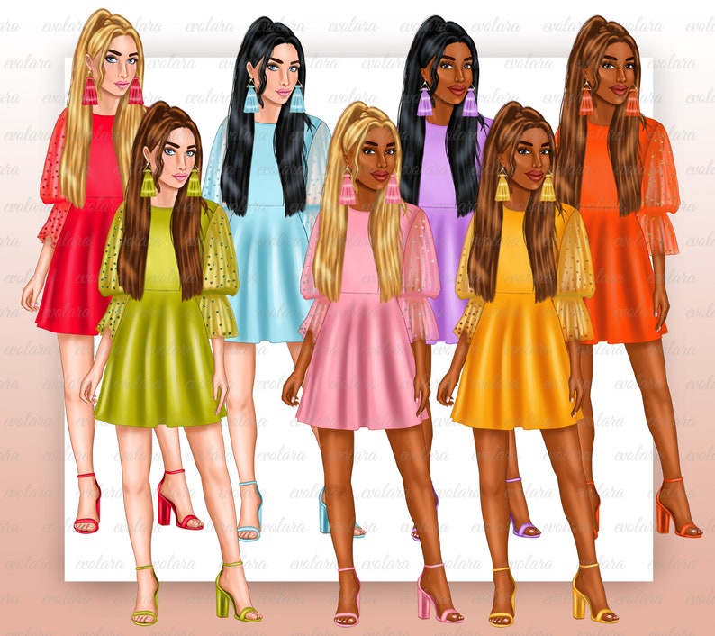 Puede incluir: Siete mujeres con vestidos de diferentes colores con mangas transparentes y lunares. Cada mujer lleva un par de pendientes grandes con borlas. Las mujeres est&aacute;n de pie sobre un fondo rosa claro.