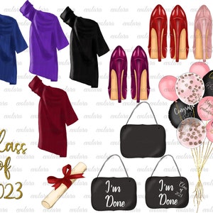 May include: Graduation clipart set featuring a black, blue, purple, and red graduation cap, a pair of black, red, and pink high heels, a black purse, a diploma with a red ribbon, two black signs with the text "I'm Done" and a set of balloons with the text "Congrats Grad" and "Happy Graduation".