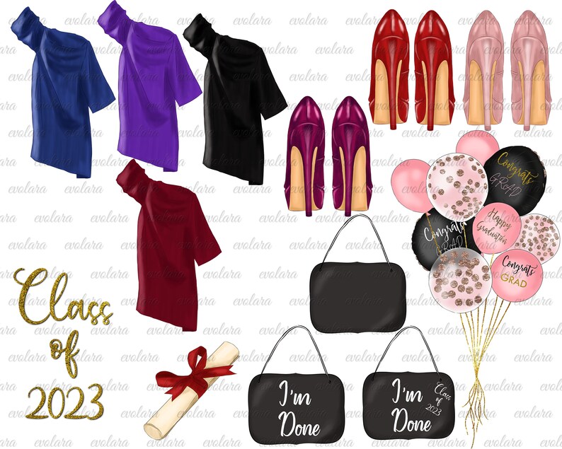May include: Graduation clipart set featuring a black, blue, purple, and red graduation cap, a pair of black, red, and pink high heels, a black purse, a diploma with a red ribbon, two black signs with the text "I'm Done" and a set of balloons with the text "Congrats Grad" and "Happy Graduation".