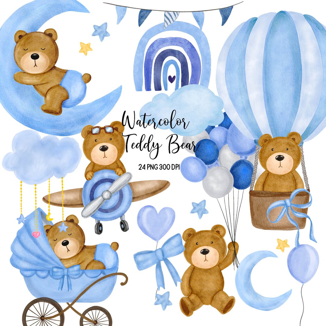 Watercolor Teddy Bear Clipart, Baby Bear Clipart, Baby Boy, Baby Shower