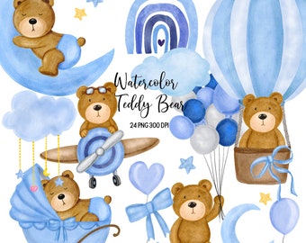Puede incluir: Ilustraciones de acuarela de un osito de peluche en varias escenas. Las ilustraciones incluyen un osito de peluche durmiendo en una luna creciente, un osito de peluche volando un avión, un osito de peluche en un cochecito, un osito de peluche en un globo aerostático y un osito de peluche sentado en una luna creciente. Las ilustraciones están en tonos azules y marrones.