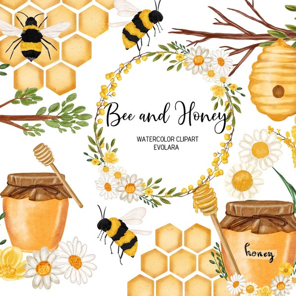 watercolor bee clipart, watercolor honey clipart, honey bee clipart, bee illustrations, beehive