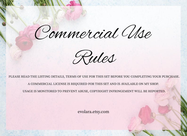 Puede incluir: Un fondo rosa y azul con flores blancas y texto que dice "Commercial Use Rules". El texto debajo dice "Por favor, lea los detalles de la lista, los t&eacute;rminos de uso de este conjunto antes de completar su compra. Se requiere una licencia comercial para este conjunto y est&aacute; disponible en mi tienda. El uso se monitorea para evitar abusos, la infracci&oacute;n de derechos de autor ser&aacute; denunciada. evolara.etsy.com"