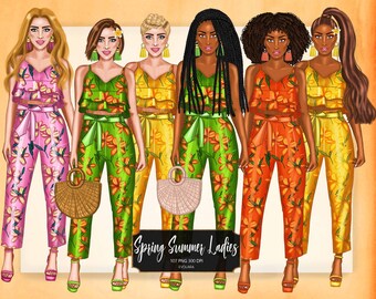 Spring Girl Clipart Fashion Girl Clipart African American Afro Girls Clipart Fashionable Girls Clipart Moda Ilustrações Flores Clipart