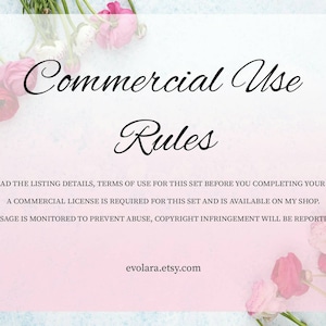 May include: A pink and blue background with white flowers and text that reads "Commercial Use Rules". The text below reads "Please read the listing details, terms of use for this set before you completing your purchase. A commercial license is required for this set and is available on my shop. Usage is monitored to prevent abuse, copyright infringement will be reported. evolara.etsy.com"
