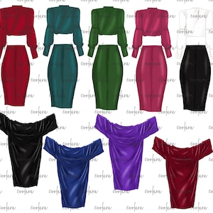 May include: A set of digital illustrations of different outfits. The outfits include a red, green, and burgundy top and skirt set, a white blouse and black skirt, and four off-the-shoulder tops in black, blue, purple, and red.