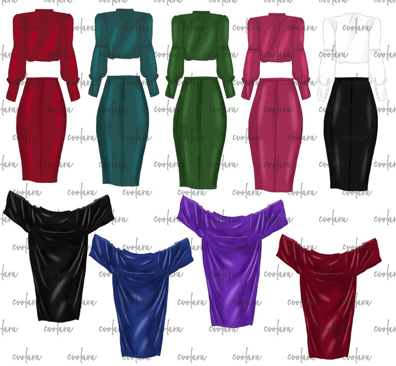 May include: A set of digital illustrations of different outfits. The outfits include a red, green, and burgundy top and skirt set, a white blouse and black skirt, and four off-the-shoulder tops in black, blue, purple, and red.