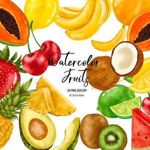 Imágenes prediseñadas de frutas acuarela, fruta, papaya, fresa, piña, plátano, cereza, aguacate, kiwi, kiwi, limón, lima, sandía, coco