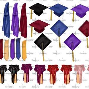 May include: A set of graduation cap and gown clipart images in various colors, including black, blue, purple, red, and gold. The caps are all in a traditional style with a tassel. The gowns are all long and flowing. There are also images of high heels in various colors, including black, red, and pink.