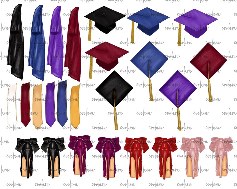 May include: A set of graduation cap and gown clipart images in various colors, including black, blue, purple, red, and gold. The caps are all in a traditional style with a tassel. The gowns are all long and flowing. There are also images of high heels in various colors, including black, red, and pink.