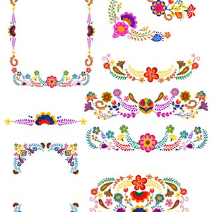 Peut inclure: Un ensemble de huit bordures florales color&eacute;es avec une vari&eacute;t&eacute; de motifs, y compris un cadre carr&eacute;, un demi-cercle et un cercle complet. Les bordures sont parfaites pour ajouter une touche d'art populaire mexicain &agrave; tout projet.