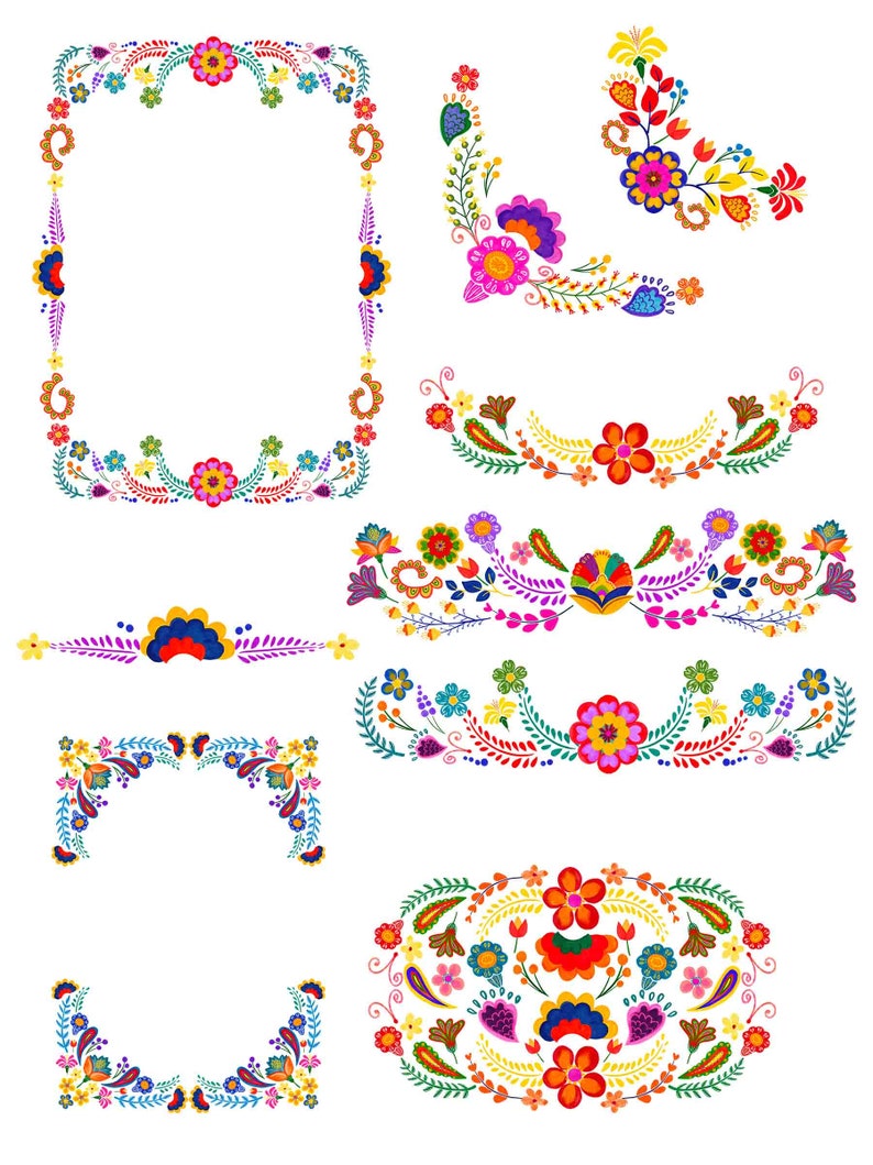 Peut inclure: Un ensemble de huit bordures florales color&eacute;es avec une vari&eacute;t&eacute; de motifs, y compris un cadre carr&eacute;, un demi-cercle et un cercle complet. Les bordures sont parfaites pour ajouter une touche d'art populaire mexicain &agrave; tout projet.