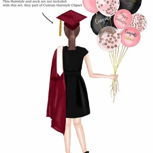 May include: A woman in a black dress and maroon graduation gown holds a bouquet of pink and black balloons with gold glitter and the text "Congrats Grad" and "Happy Graduation".